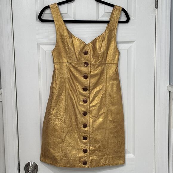 Free People Dresses & Skirts - Free People Womens Goldie Metallic Leather Sweetheart Neckline Dress Size 2 Gold